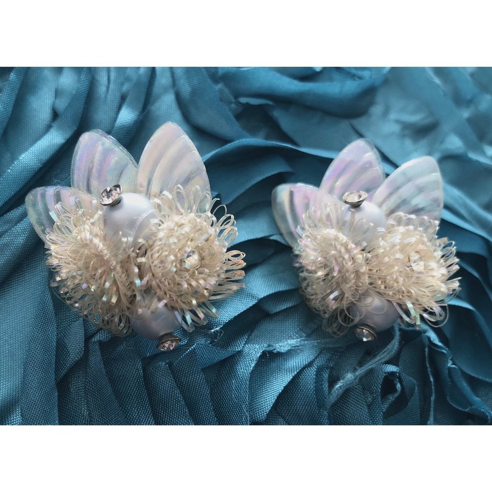 Vintage 1950's Pearlized White Celluloid Rhinestone Pin-Up Clip-On Earrings